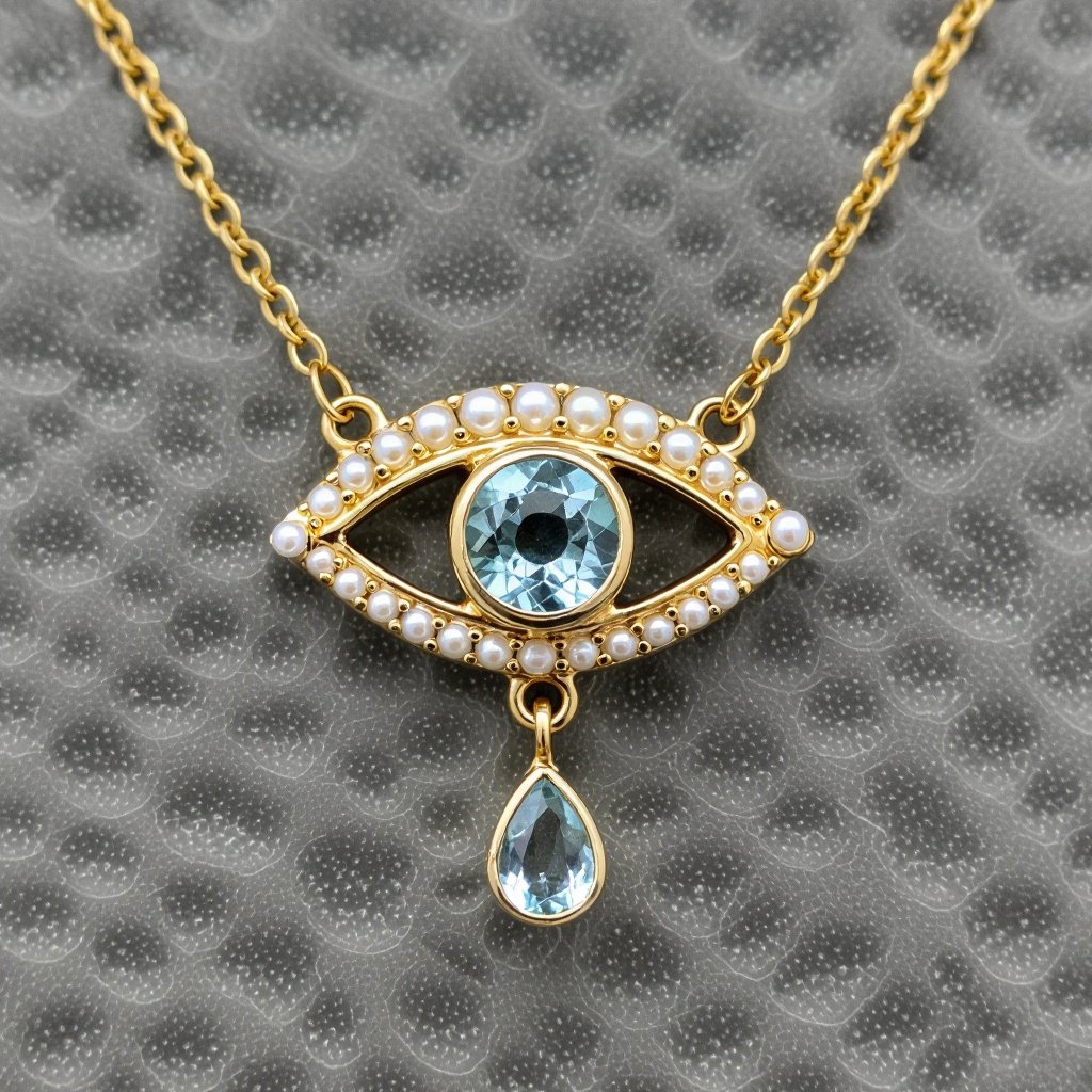 Тонкая цепочка с золотыми и серебряными шариками и мелкими жемчужными камушками на цепочке есть кулон в форме глаза, зрачок глаза из аквамарина от глаза идет маленькая подвеска с маленькими камушками аквамарина 