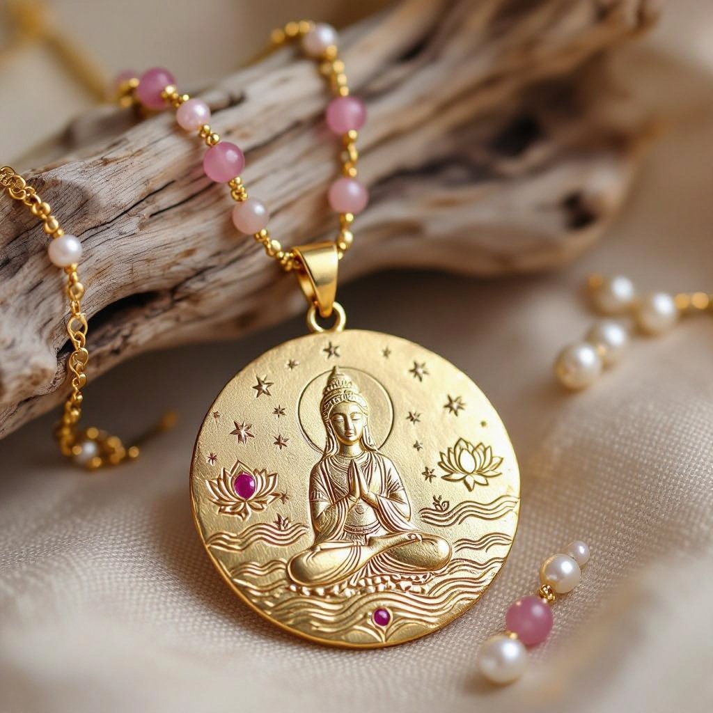 Кулон на длинной цепочке. Матовое светлое золото. В цепочке небольшие золотые шарики и розовые камушки и жемчуга. Кулон в форме неровного мятого круга. На круге изображена девушка с длинными волосами лица не видно в молитве и позе лотоса нечетко. Круг украшен лотосами звездами волнами узорами