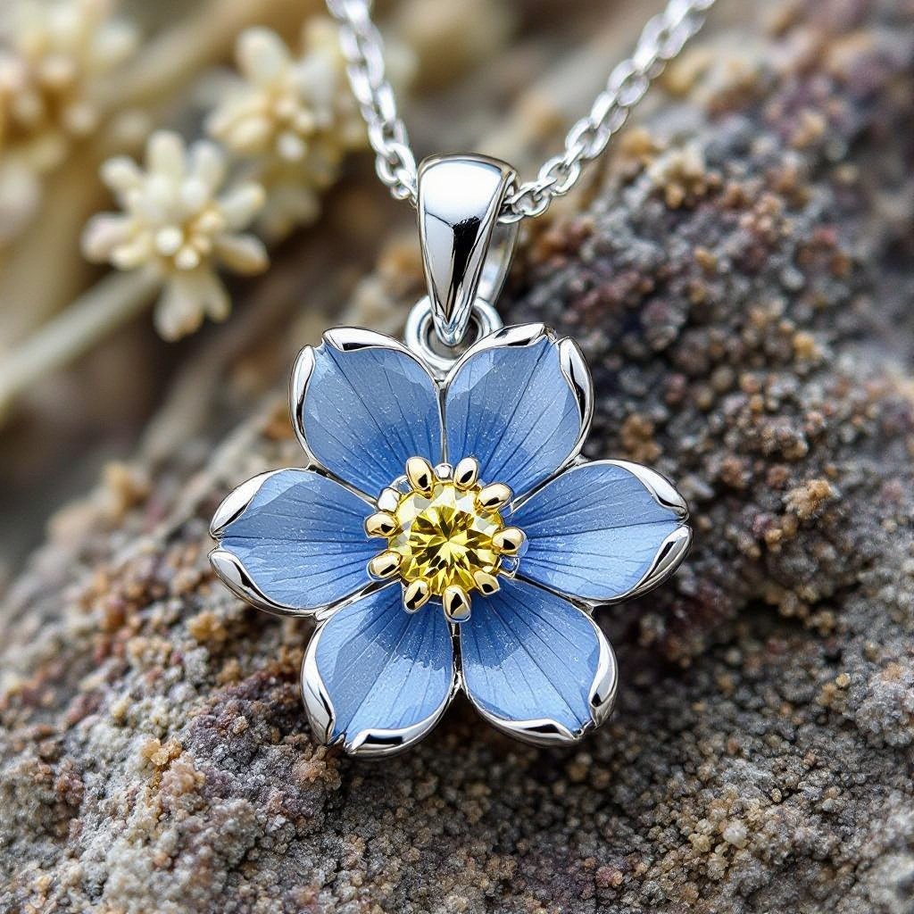 Create a forget me not flower pendant.  The petals are formed using paved light blue sapphires.  The center stone is 1 yellow diamonds 