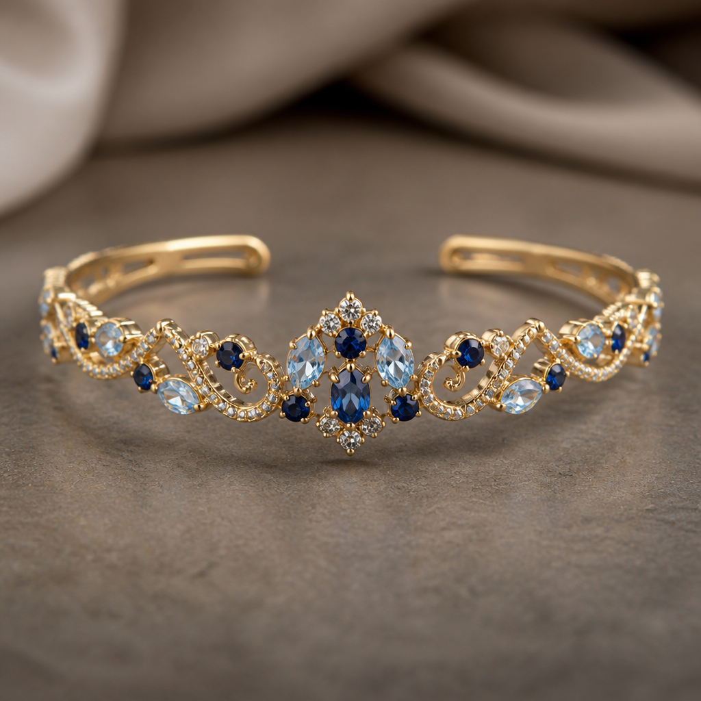 A cuff women's anklet made of gold with sapphire and aquamarine stones suitable for formal, highly ornate, intricate and elaborate, richly detailed. delicado y sencillo
photorealistic jewelry design, A cuff women's anklet made of gold with sapphire and aquamarine stones suitable for formal, highly ornate, intricate and elaborate, richly detailed. delicado y sencillo, cuff style, just the design no text