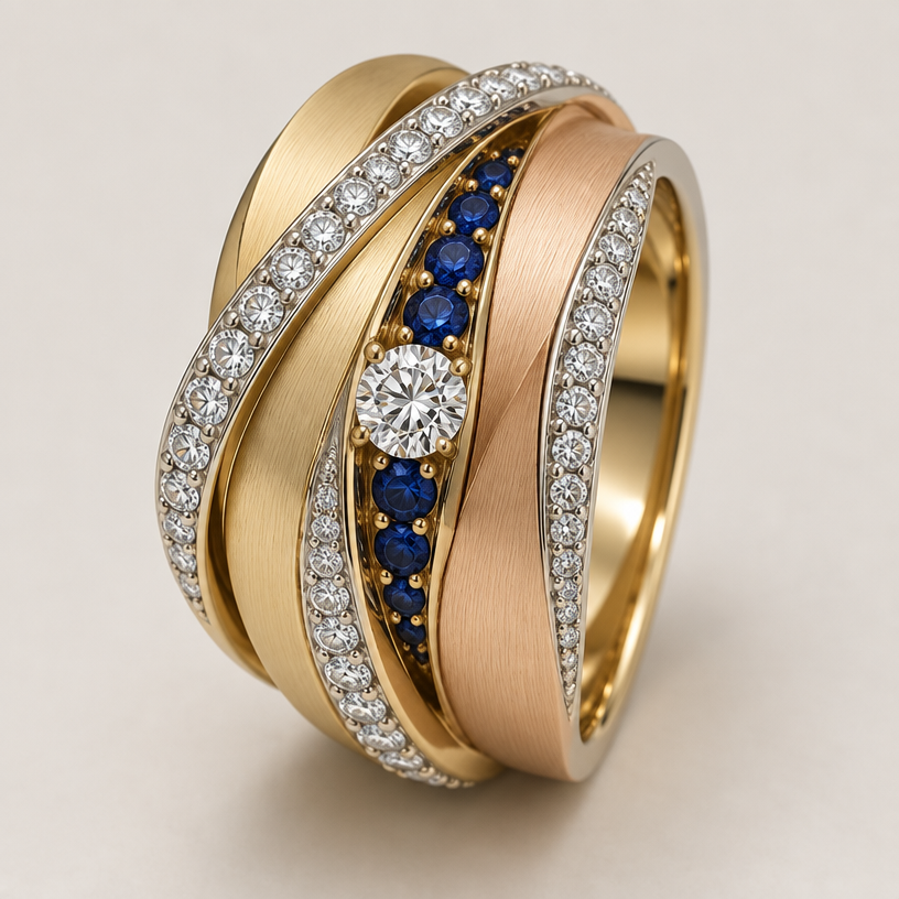 A statement women's ring made of mixed metal with diamond and sapphire stones. design ring using the photo for gem size reference. the ring should contain 33 of the smaller diamonds, 7 of the sapphires, and the one larger diamond.
using the attached image as a visual reference, create A statement women's ring made of mixed metal with diamond and sapphire stones. design ring using the photo for gem size reference. the ring should contain 33 of the smaller diamonds, 7 of the sapphires, and the one larger diamond.. photorealistic, just the design no text