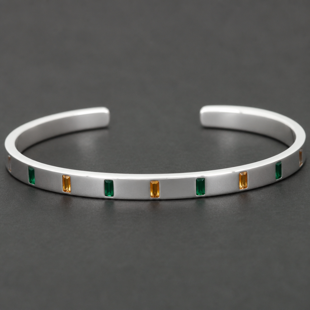 A men's bracelet made of silver. 2mm thickness and 4.5mm width cuff with narrow vertical stones citrine and green agate
photorealistic jewelry design, A men's bracelet made of silver. 2mm thickness and 4.5mm width cuff with narrow vertical stones citrine and green agate, modern style, just the design no text