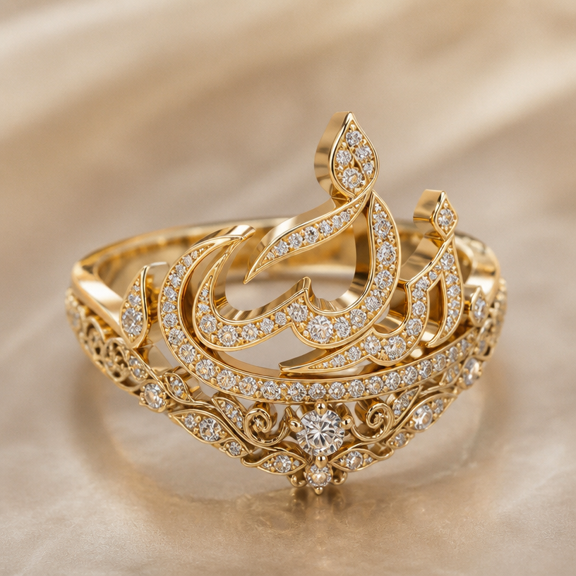 A women's ring made of gold suitable for engagement, highly ornate, intricate and elaborate, richly detailed. arsalan written in Arabic with gold ring
using the attached image as a visual reference, create A women's ring made of gold suitable for engagement, highly ornate, intricate and elaborate, richly detailed. arsalan written in Arabic with gold ring. photorealistic, just the design no text