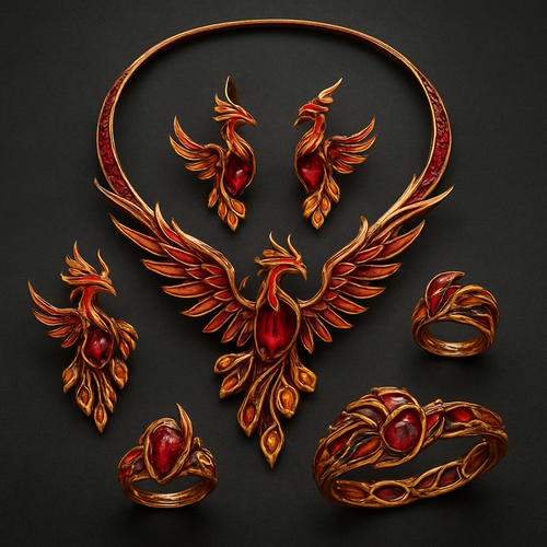A full Ruby jewelry set including bracelet, earrings and rings with at least 10 citrine and topaz inlays with phoenix themes and an omega necklace