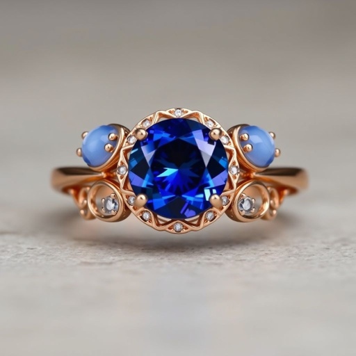 A simple rose gold engagement ring set with a circular alexandrite. Also set with a small half moon blue chalcedony on one side right next to it, and a small half moon moonstone set on the other side right next to it. On the inside of the band, it has an inscription reading, “Tuum. Et in hac vita et in altera.”