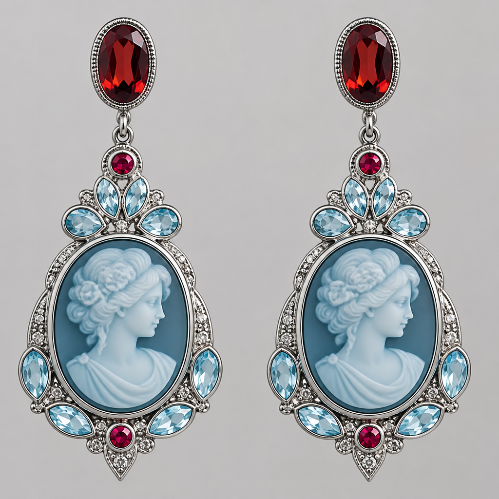 A cameo women's earrings made of platinum with aquamarine and garnet and ruby stones suitable for festival
photorealistic jewelry design, A cameo women's earrings made of platinum with aquamarine and garnet and ruby stones suitable for festival, cameo style, just the design no text
