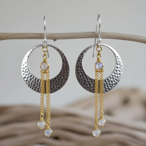 Серебряные серьги словно мятое серебро в форме полумесяца. Верхушка полумесяца крепится к застежке серьги.  От полумесяца идет три цепочки золотого цвета, у каждой на конце мелкий камушек лунный камень