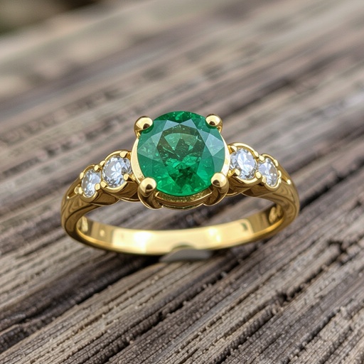 Anillo con Central de esmeralda redonda con 6 diamantes al rededor en oro amarillo 