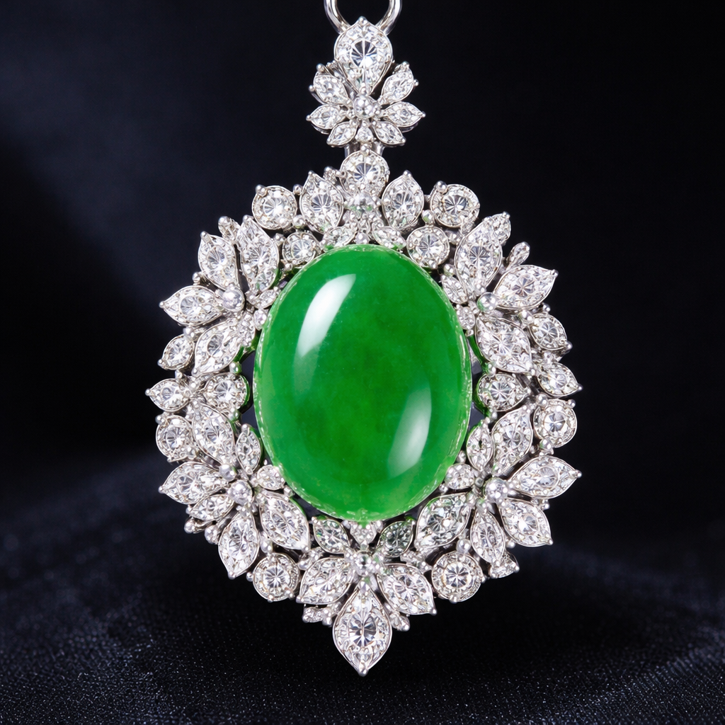 Jadeite cabochon diamond pendant. With flower layering surrounding the jadeite in the middle