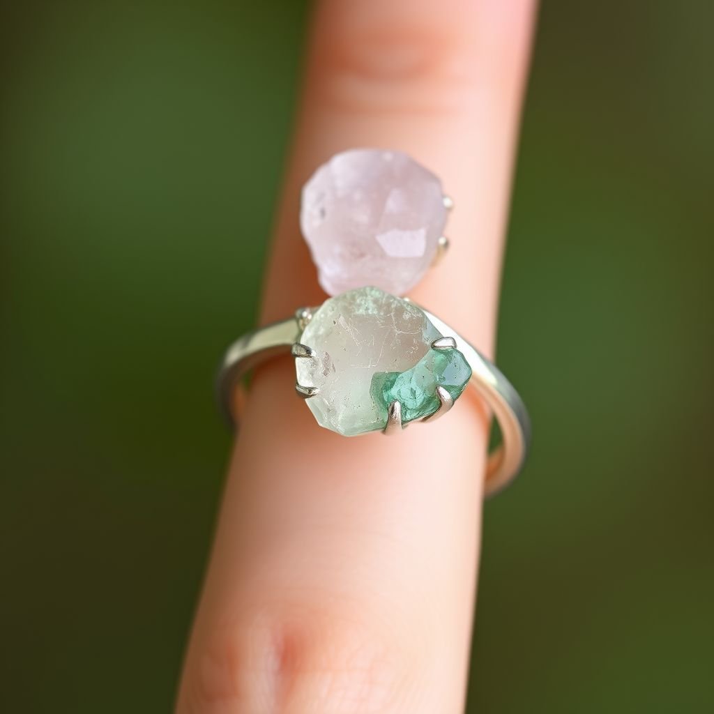 Craft a minimalist silver adjustable ring that delicately embraces the finger. Feature two striking raw natural gemstones—allowing their organic textures and colors to stand out. The design exudes earthy elegance, merging modern style with raw, untamed nature.
