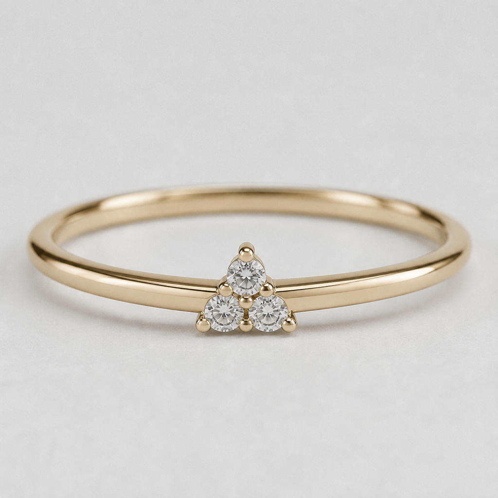 A simple women’s ring with three small diamonds arranged in a right triangle shape in the center of the ring.
photorealistic jewelry design, A simple women’s ring with three small diamonds arranged in a right triangle shape in the center of the ring., minimalist style, just the design no text