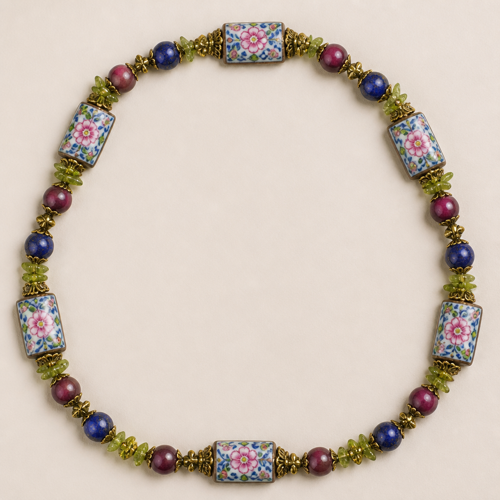 "12mm rectangular hand painted beads with pink flowers and blue vines with green and yellow spots, 8mm lapis round beads, pink tigers eye round beads
8.5 mm, 4-5mm peridot chips necklace "
photorealistic jewelry design, "12mm rectangular hand painted beads with pink flowers and blue vines with green and yellow spots, 8mm lapis round beads, pink tigers eye round beads
8.5 mm, 4-5mm peridot chips necklace ", victorian style, just the design no text