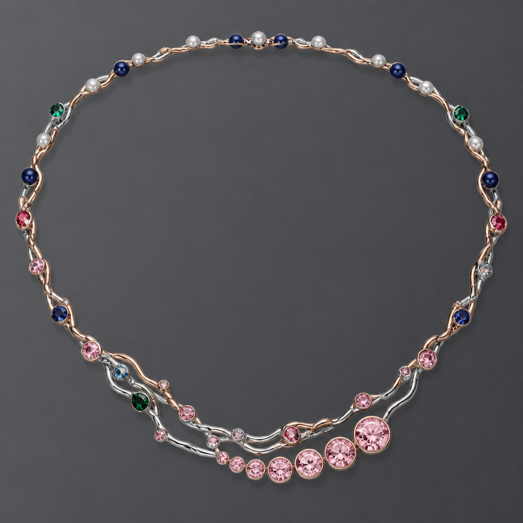 Rhodium pearl pink diamond sapphire emerald ruby stringy rose gold with lapis and pearls on top with pink diamonds ranging in a line of increasing size
photorealistic jewelry design, Rhodium pearl pink diamond sapphire emerald ruby stringy rose gold with lapis and pearls on top with pink diamonds ranging in a line of increasing size , avant_garde style, just the design no text