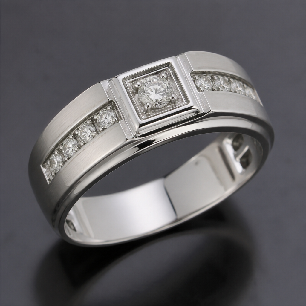 A modern men's ring made of white gold with diamond stones suitable for wedding, detailed and decorative, moderately ornate
photorealistic jewelry design, A modern men's ring made of white gold with diamond stones suitable for wedding, detailed and decorative, moderately ornate, modern style, just the design no text