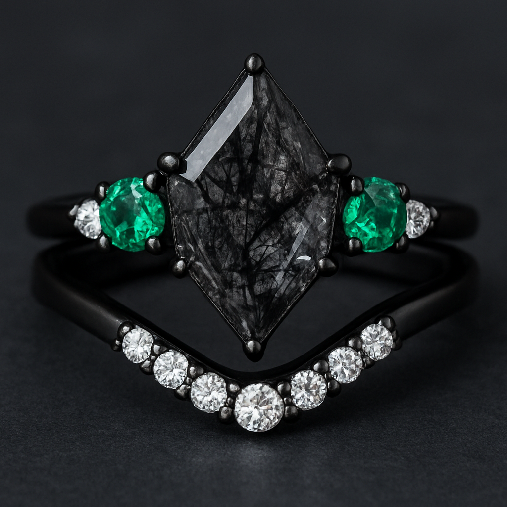 Kite cut Black rutilated quartz with 1 emerald on each side and 3 moissanite on each side accent stones in a cluster on a black band, separate wedding band black with moissanite stones that curves around the main stone 