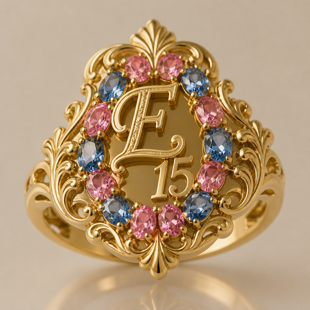A baroque women's ring made of gold, detailed and decorative, moderately ornate. um anel de 15 anos com inicial E com pedrinhas azul e pedrinhas rosa em volta
photorealistic jewelry design, A baroque women's ring made of gold, detailed and decorative, moderately ornate. um anel de 15 anos com inicial E com pedrinhas azul e pedrinhas rosa em volta, baroque style, just the design no text