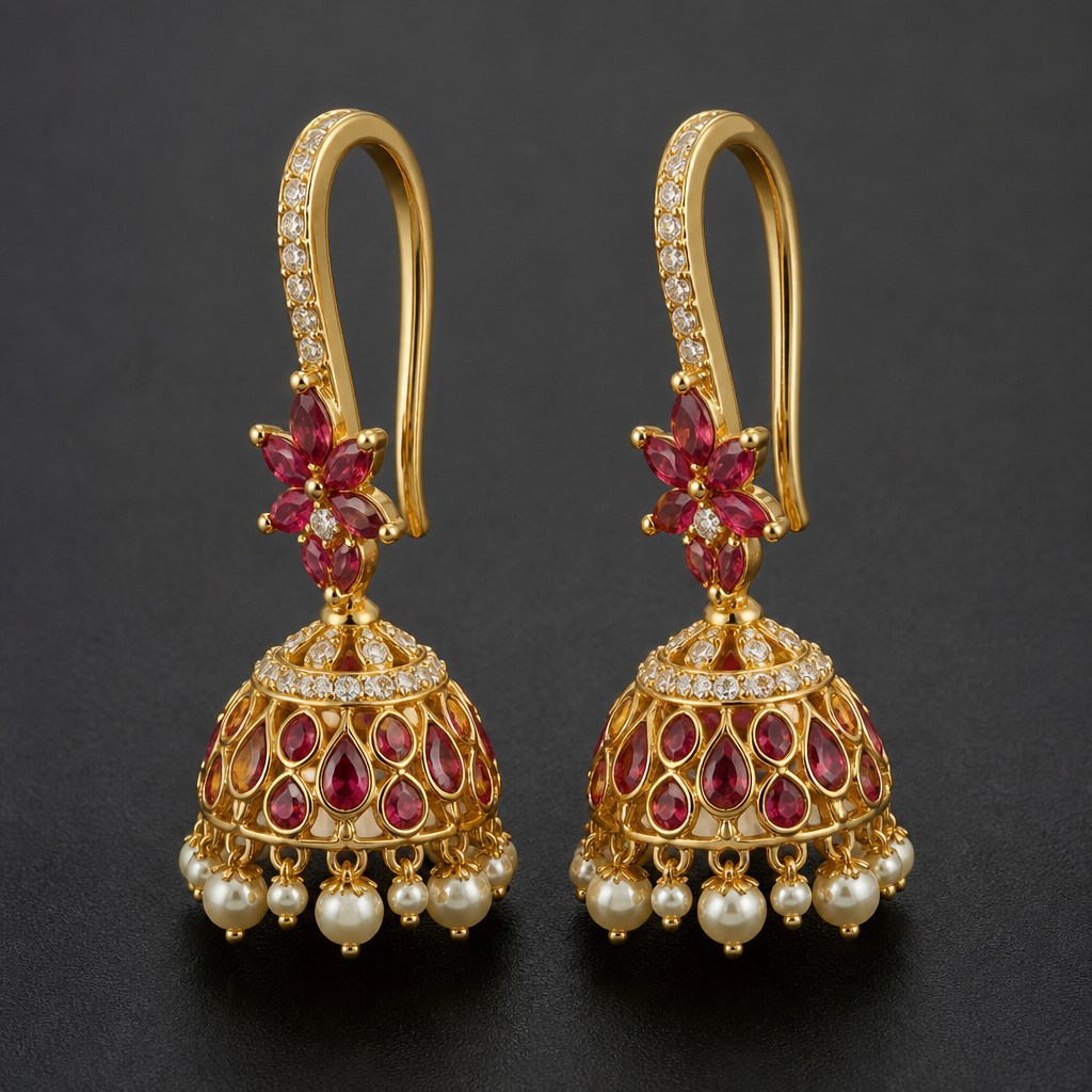 A modern women's earrings made of gold with ruby and pearl stones suitable for festival. include shank design with South Indian jhumki
photorealistic jewelry design, A modern women's earrings made of gold with ruby and pearl stones suitable for festival. include shank design with South Indian jhumki, modern style, just the design no text