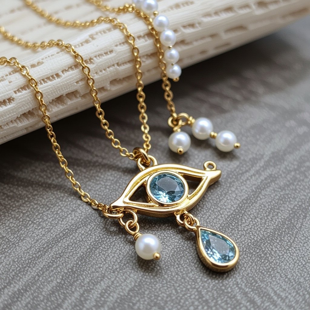 Тонкая цепочка с золотыми и серебряными шариками и мелкими жемчужными камушками на цепочке есть кулон в форме глаза, зрачок глаза из аквамарина от глаза идет маленькая подвеска с маленькими камушками аквамарина 