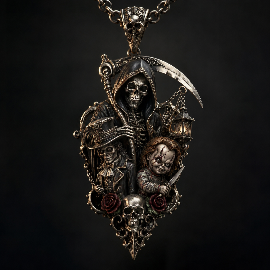 A gothic men's necklace made of mixed metal suitable for formal. a reaper with a skeleton with the madhatter with chucky
photorealistic jewelry design, A gothic men's necklace made of mixed metal suitable for formal. a reaper with a skeleton with the madhatter with chucky, gothic style, just the design no text