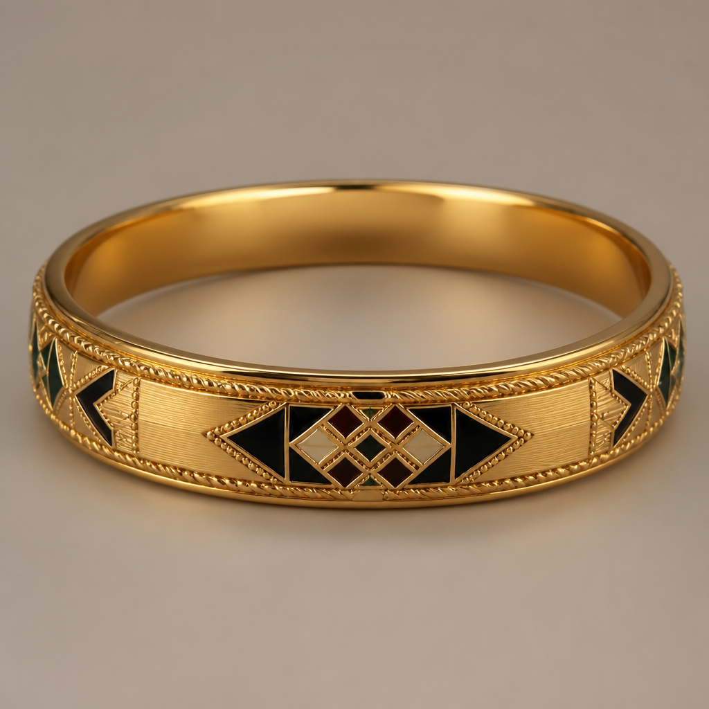 18k gold-plated vintage Gulf-inspired bangle, subtle Sadu geometry, modern European proportions
photorealistic jewelry design, 18k gold-plated vintage Gulf-inspired bangle, subtle Sadu geometry, modern European proportions, just the design no text