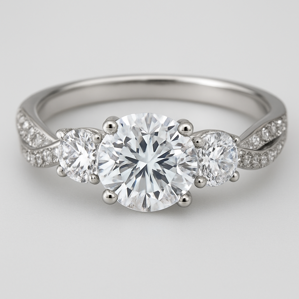 Elegant platinum 4 carat tw 3 stone ring pave twisted band