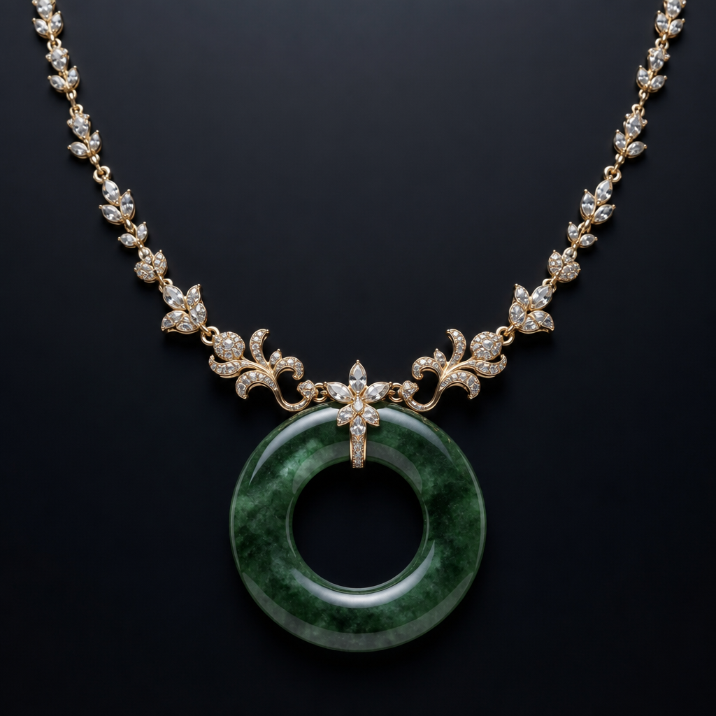 Use a 2.25 dark mottled green jade bracelet as centerpiece of an elegant statement necklace
photorealistic jewelry design, Use a 2.25 dark mottled green jade bracelet as centerpiece of an elegant statement necklace, luxury style, just the design no text