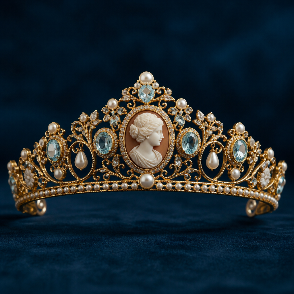 A cameo women's tiara made of gold with pearl and aquamarine stones suitable for formal, highly ornate, intricate and elaborate, richly detailed. sencillo y delicado
photorealistic jewelry design, A cameo women's tiara made of gold with pearl and aquamarine stones suitable for formal, highly ornate, intricate and elaborate, richly detailed. sencillo y delicado, cameo style, just the design no text