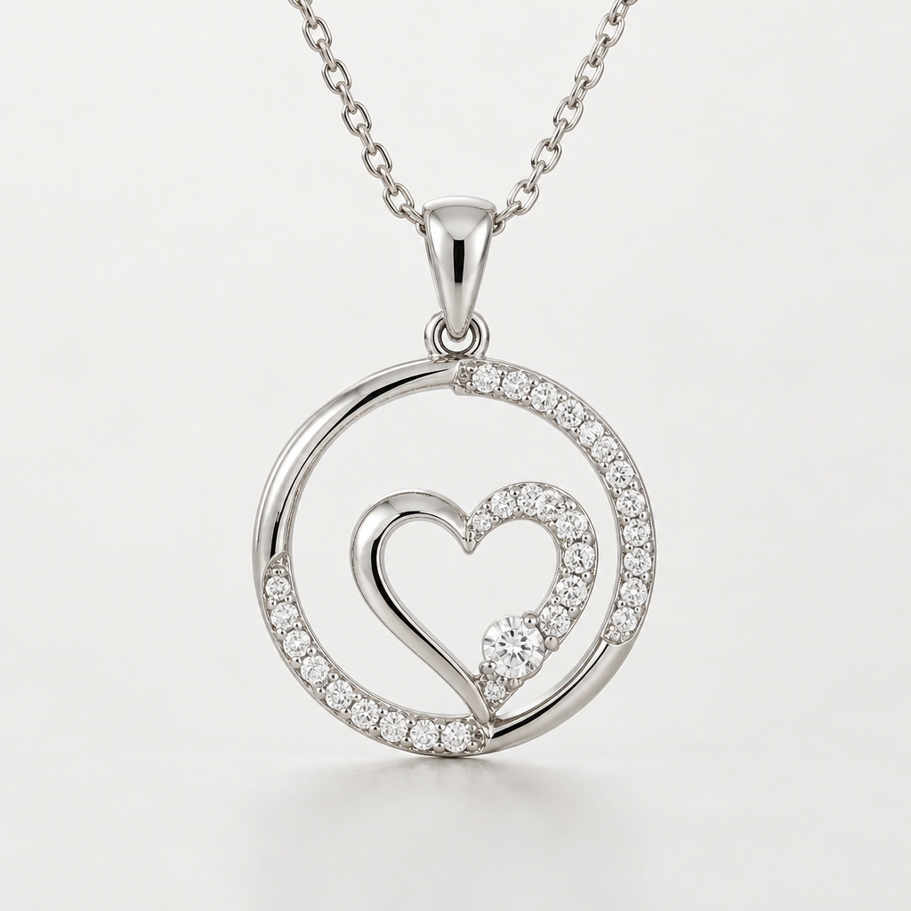 A modern women's pendant made of white gold with diamond stones suitable for daily wear. cost 300$, circle design, love symbol
photorealistic jewelry design, A modern women's pendant made of white gold with diamond stones suitable for daily wear. cost 300$, circle design, love symbol, modern style, just the design no text