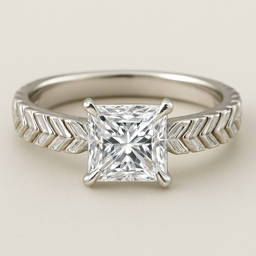 Herringbone baguette band with a 2ct princess cut center diamond 