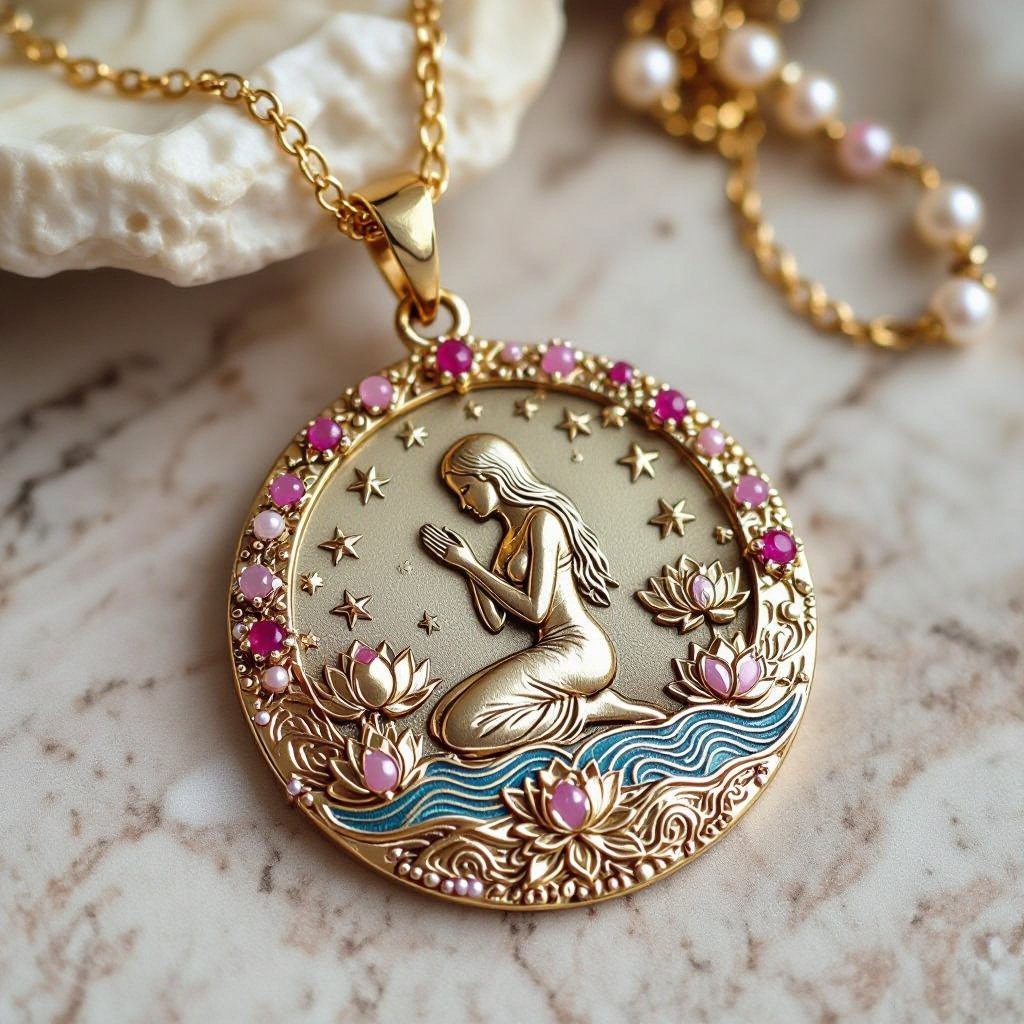 Кулон на длинной цепочке. Матовое светлое золото. В цепочке небольшие золотые шарики и розовые камушки и жемчуга. Кулон в форме неровного мятого круга. На круге изображена девушка с длинными волосами лица не видно в молитве и позе лотоса нечетко. Круг украшен лотосами звездами волнами узорами