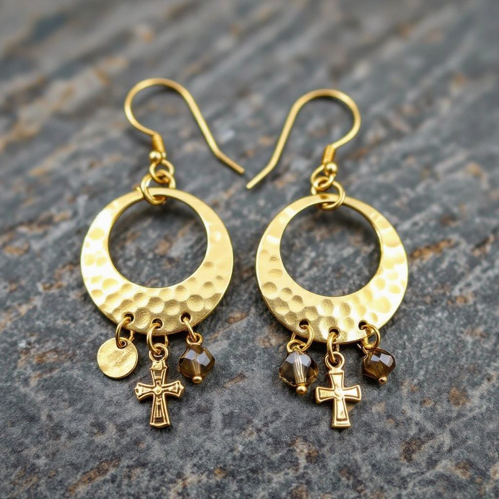 Золотые серьги словно мятое золото в форме узкого изящного полумесяца. Верхушка полумесяца крепится к застежке серьги. К нижней части полумесяца крепятся три подвески: миниатюрный золотой египетриский крест, очень маленький кристалл раухтопаза и маленький золотой кружочек с мятым эффектом плоский