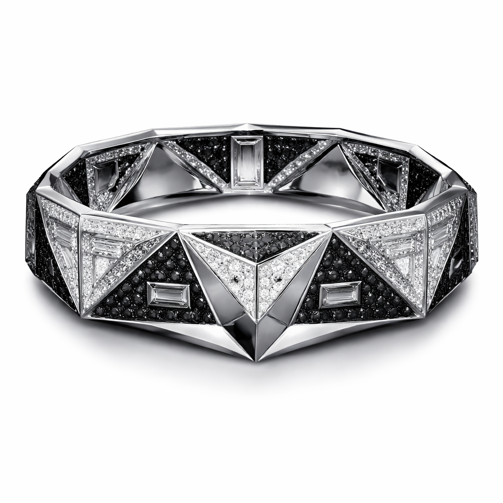 Geomatric pyramid sharp angles edgy angles bangle for men of rectangular and sqaure shape of white and blcak diamonds of unique design and special shape