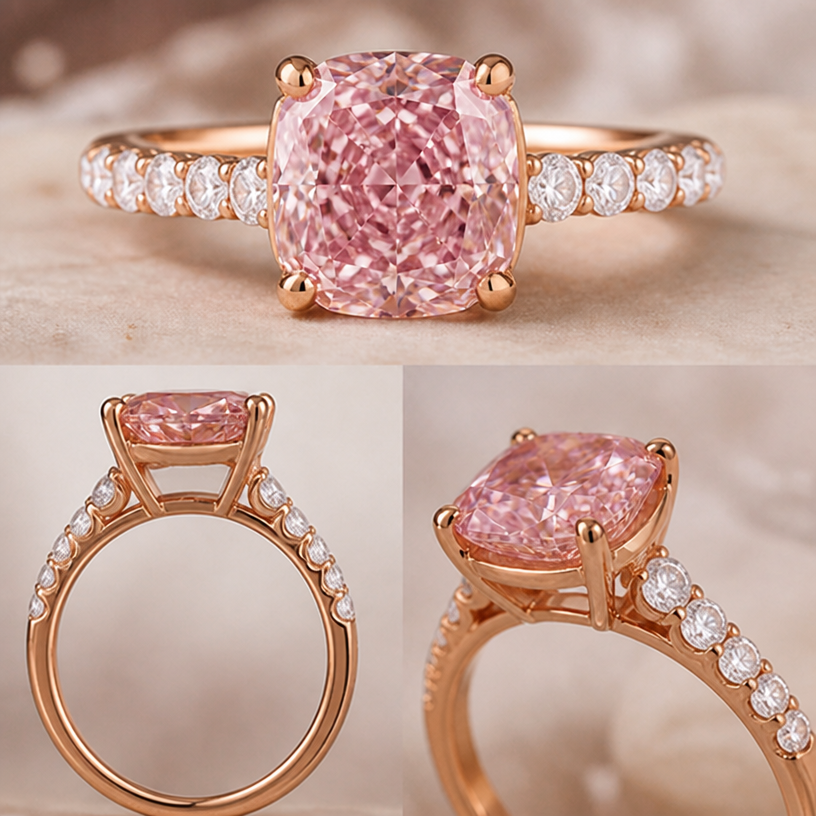 Set the diamonds along the band not in the gallery. They should be facing their tables towards the finger and their points facing the point of the main stone.
edit the attached jewelry design with these instructions: Set the diamonds along the band not in the gallery. They should be facing their tables towards the finger and their points facing the point of the main stone.. keep it photorealistic, just the design no text