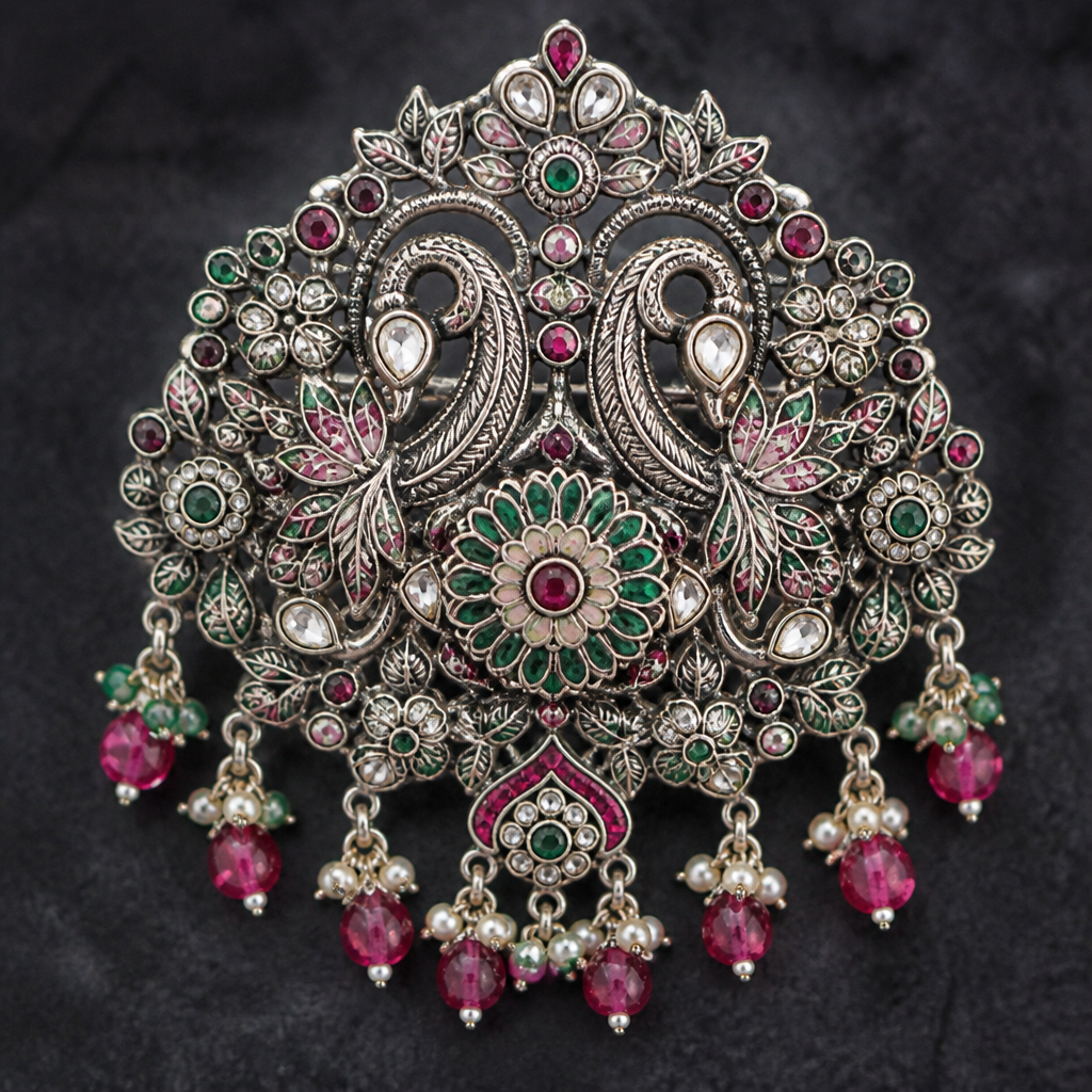 A heritage women's brooch made of silver suitable for wedding, highly ornate, intricate and elaborate, richly detailed. oxidized silver jewellery design, traditional Indian motif, meenakari style, silver outline, pink green white stones, handcrafted, detailed, symmetrical
photorealistic jewelry design, A heritage women's brooch made of silver suitable for wedding, highly ornate, intricate and elaborate, richly detailed. oxidized silver jewellery design, traditional Indian motif, meenakari style, silver outline, pink green white stones, handcrafted, detailed, symmetrical, heritage style, just the design no text
