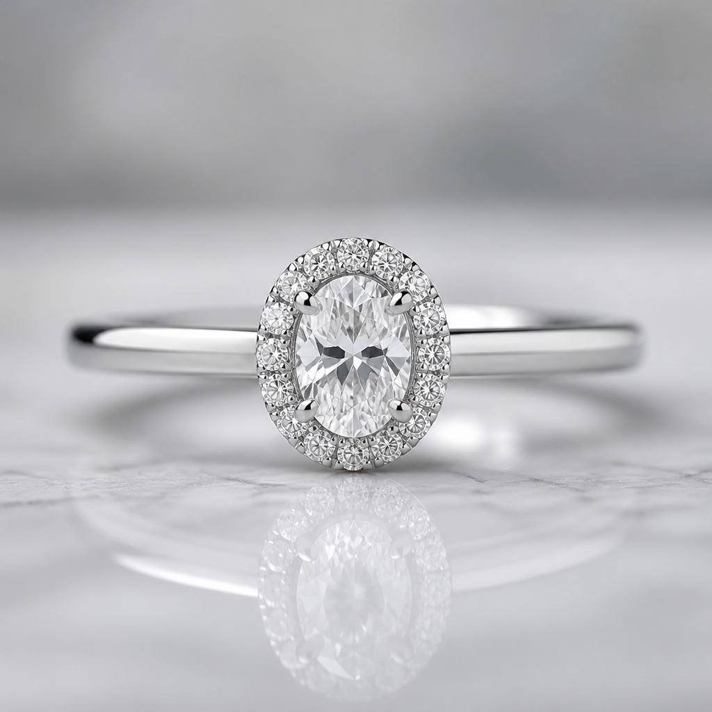 A halo women's ring with diamond stones suitable for wedding, ultra-minimalist, very simple and clean, understated, no embellishments. A 0.70-carat oval diamond is used as the center stone.
photorealistic jewelry design, A halo women's ring with diamond stones suitable for wedding, ultra-minimalist, very simple and clean, understated, no embellishments. A 0.70-carat oval diamond is used as the center stone., halo style, just the design no text