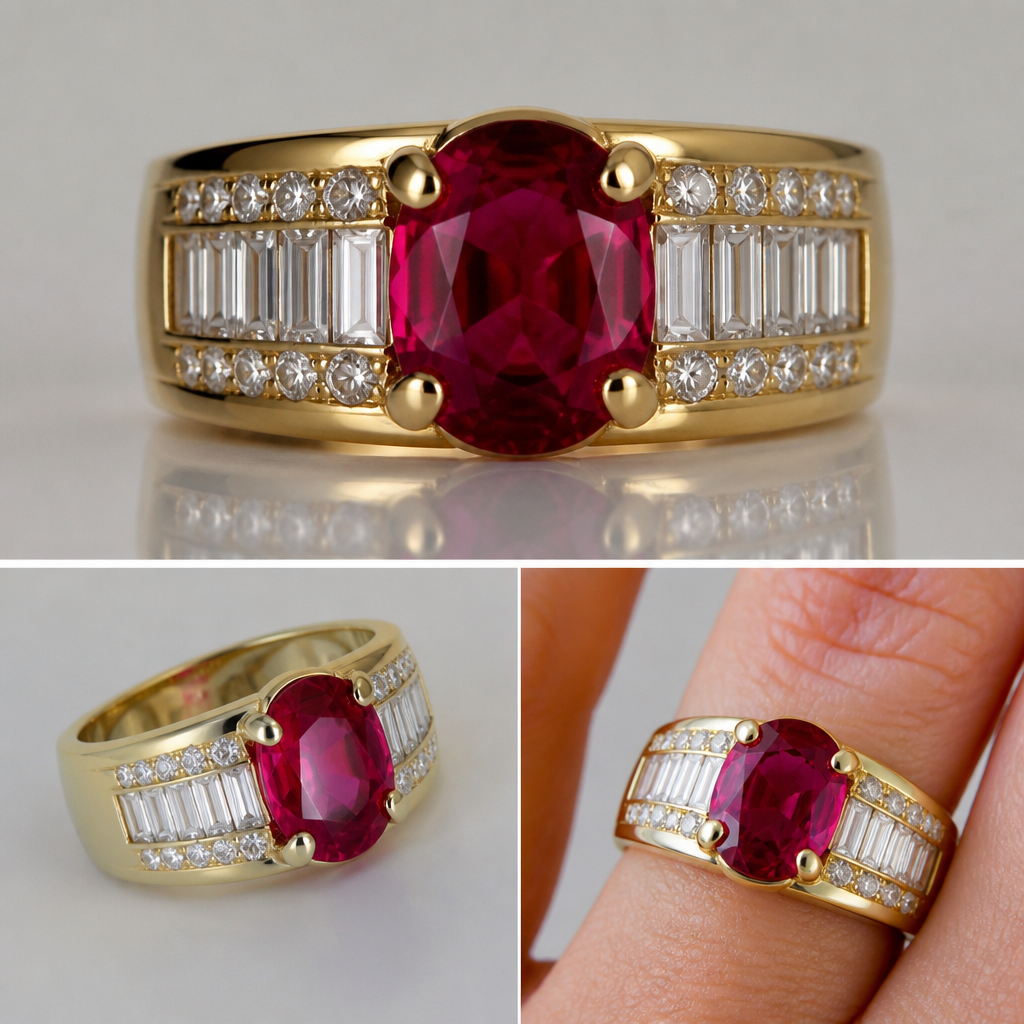 A women's ring made of gold with ruby and diamond stones. i want something to go with a ring i already own (the pictures are my personal ring)
4ct ruby heavy band ring