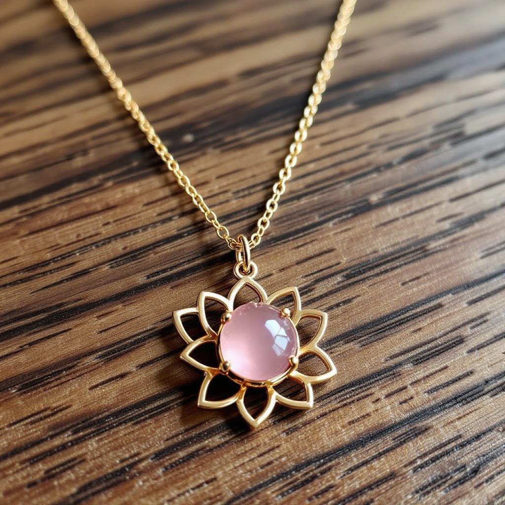 Золотая матовая цепочка. Подвеска лотос шесть лепестков. В сердце лотоса матовый розовый кварц 