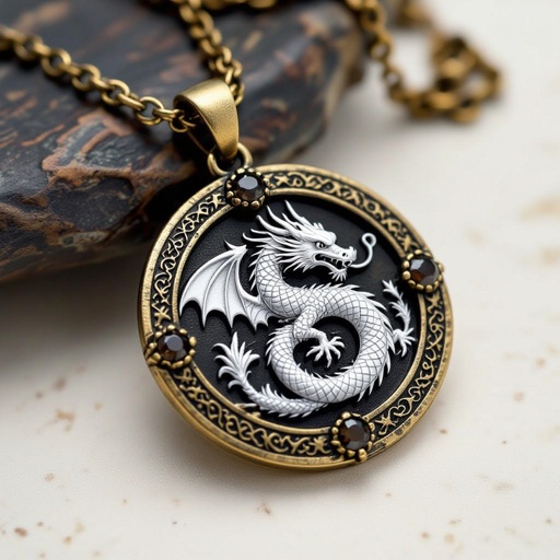 Золотой матовый состаренный кулон на цепочке с камушками, на кулоне выгравирован белый дракон узоры и камни мелкие раузтопаз