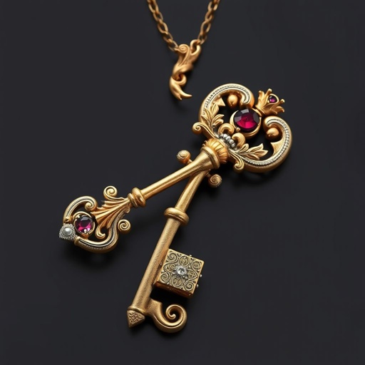 Old skeleton key shape gold and silver tones with olive branch turning on leg and keffieh print on the tip