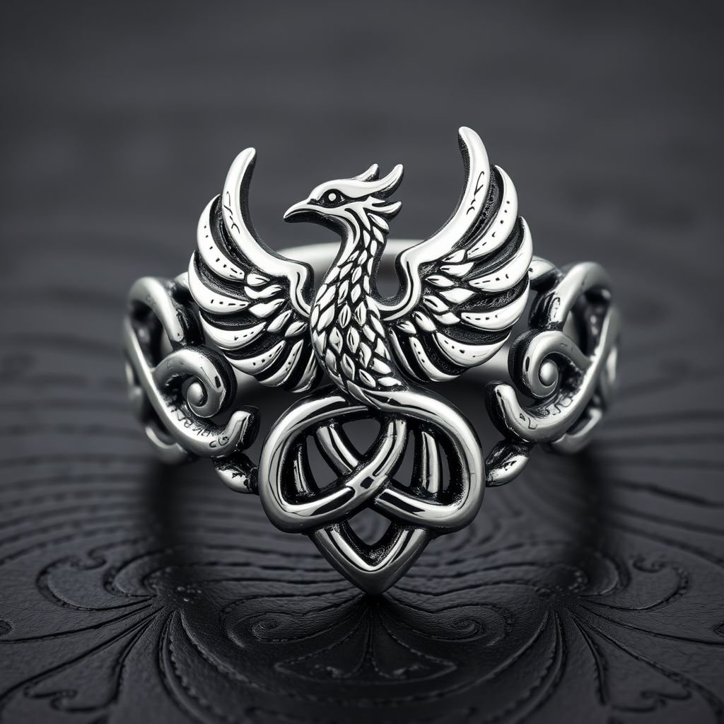 A sterling silver segnit ring with a Celtic phoenix and trinity knot symbol on it 