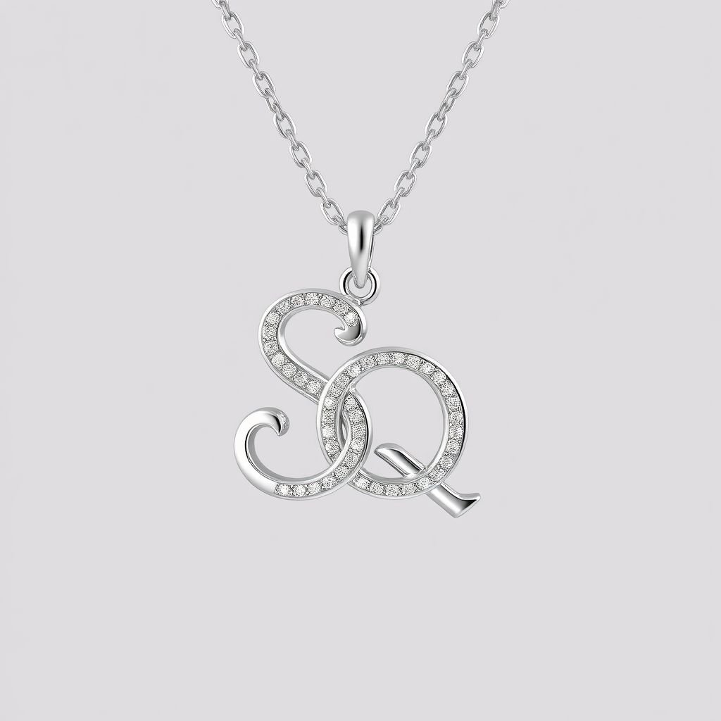silver necklace with the pendant in conjoined letters SQ with white  stones. Make it cute and simple 