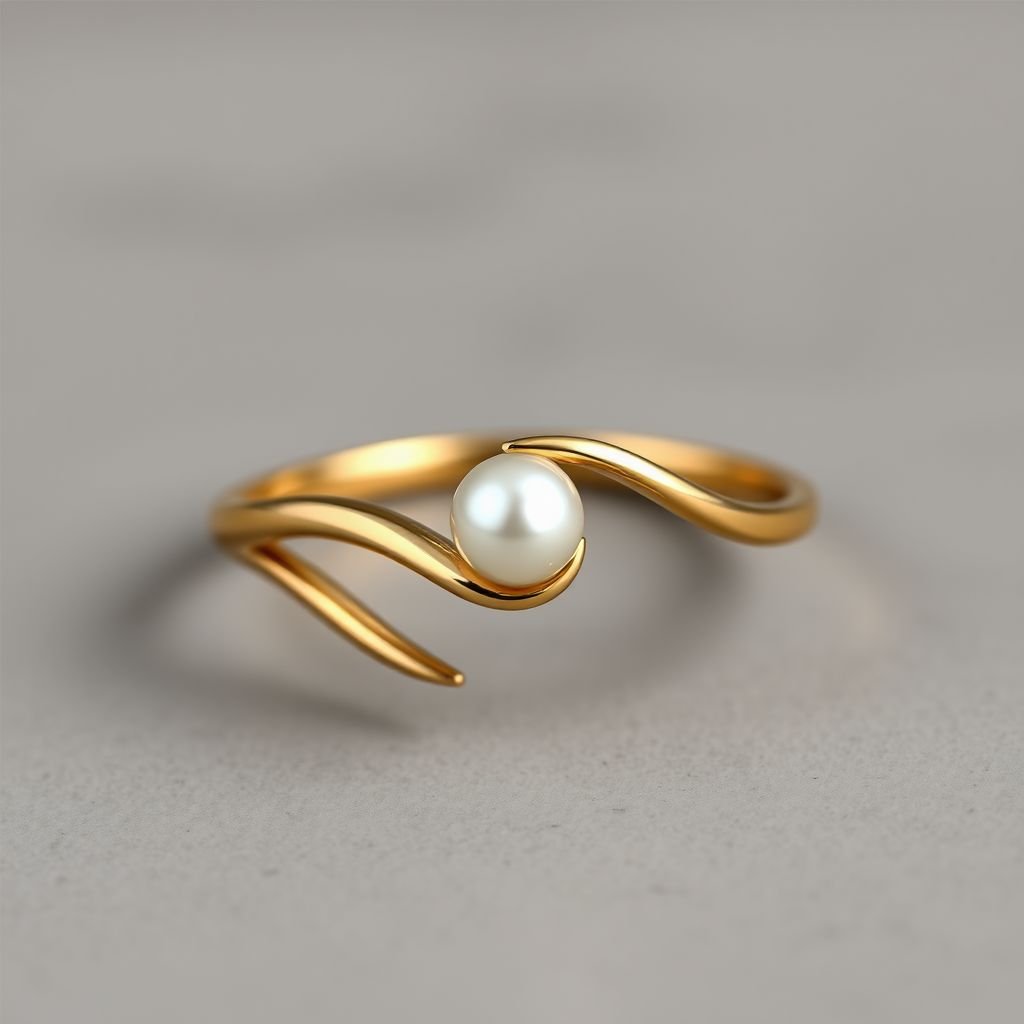 A golden ring with a pearl in the middle, the ring curving into an elegant wave type circle around the pearl. I want it to have a very elegant, simple and beautiful design. I don’t want the pearl too big.