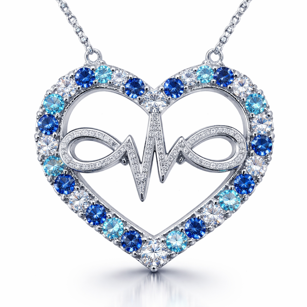 A heart necklace with the infinity symbol and heartbeat wave with alternating March, September and December birthstones all the way around the heart and infinity symbol