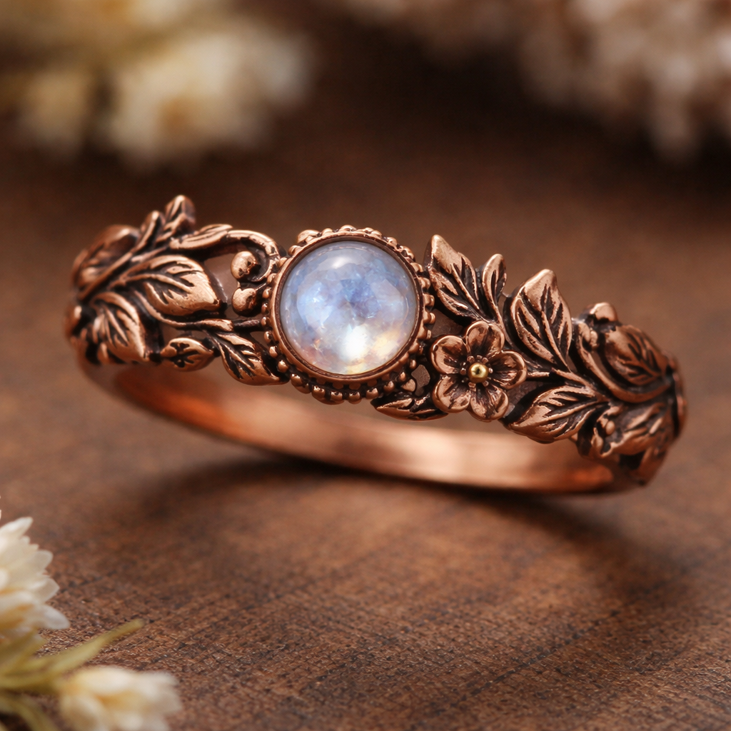 A nature women's ring made of copper. floral design with a boho feel with leaves and branches
A nature women's ring made of copper. floral design with a boho feel with leaves and branches, nature_inspired style