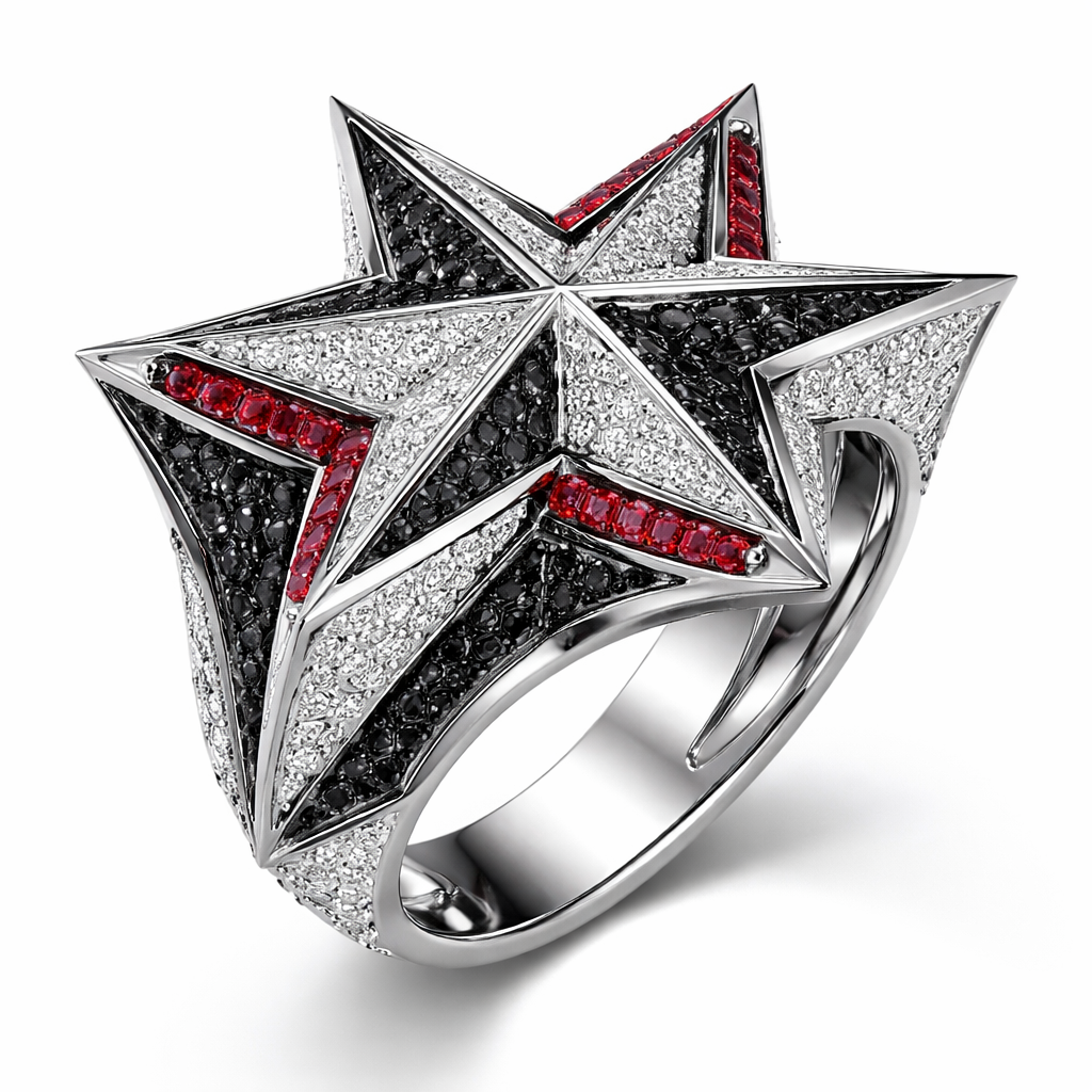 Contemporary architecture star Star ring of edgy and sharper edges Star of modern style Geomatric ring of edges and sharp bold shapes of edge of balck and white diamonds for men collection of white background adding red stones edges shapes translates the lightness and resilience associated with bamboo into a continuous, sculptural design. Crafted in 18k white gold, diamonds are placed with intention throughout the piece, enhancing its graphic character and refined sense of precision.