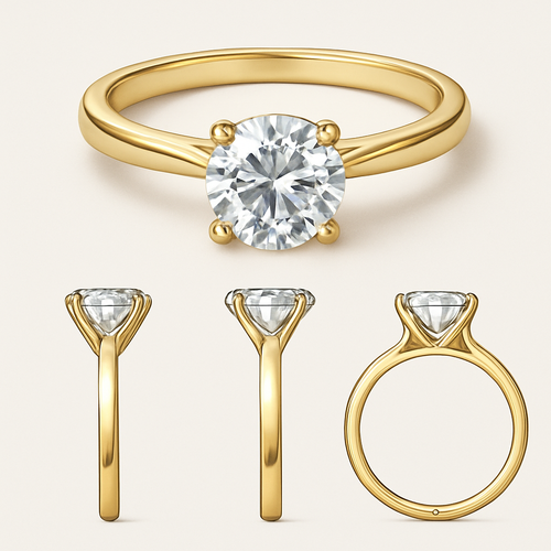 Classic diamond ring design, high-definition final product rendering showcasing the overall appearance of the ring, with a round-cut diamond set in the center, sparkling facets of the diamond. Detailed breakdown illustration displaying the ring's structure, including prong settings, band design, and inner band engravings. Gold band material with fine polished finish, demonstrating the ring's luxury and delicacy.