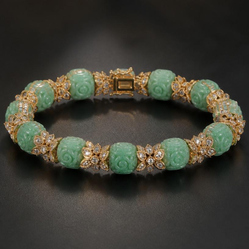 A minimalist women's bracelet with diamond stones, highly ornate, intricate and elaborate, richly detailed. Create a 6-inch bangle using the 12 beads shown in the attached picture. Each= bead is 9.7 millimeters long.
using the attached image as a visual reference, create A minimalist women's bracelet with diamond stones, highly ornate, intricate and elaborate, richly detailed. Create a 6-inch bangle using the 12 beads shown in the attached picture. Each= bead is 9.7 millimeters long.. photorealistic, just the design no text