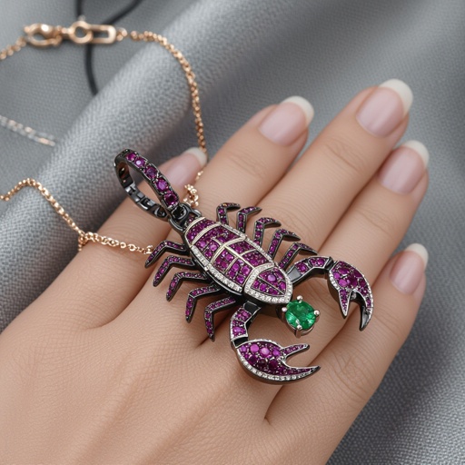 Geomatric Wings of Creating completed set of Geomatric scorpion pendant of white and bkack and rubies diamonds gold accents for contrast. Incorporate a single, oval-cut gemstone-perhaps a striking emerald-set at an unconventional angle, creating a bold focal point that exudes contemporary elegance and sophistication. Envision a striking geometric scorpion pendant, intricately crafted with sharp angles in a combination of matte black and lustrous white metals. Accentuated with glittering ruby diamonds, the design features a single oval-cut emerald, expertly set at a daring tilt. This captivating piece marries edgy modernity with timeless elegance, perfect for bold fashion statements.The diamond is elegantly set in a sleek, minimalist rose gold frame that accentuates its brilliance. The modern aesthetic is enhanced with clean lines and asymmetry, making it a striking statement piece for the avant-garde wearer.