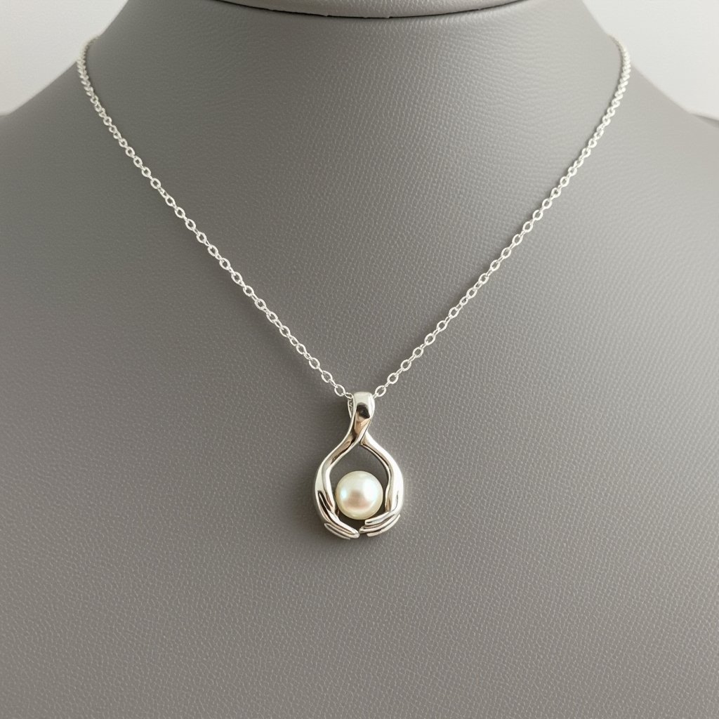 Украшение на шею серебряная цепочка с подвеской в виде двух ладоней которые держат жемчужину по центру