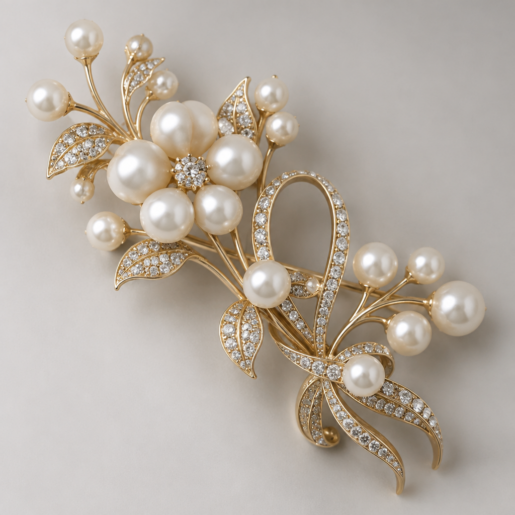 A pearl-adorned women's brooch
photorealistic jewelry design, A pearl-adorned women's brooch, pearl_adorned style, just the design no text
